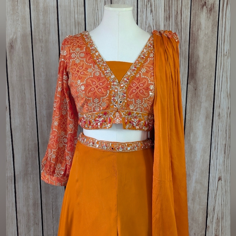 Orange Long Sleeves Crop Top, Palazzo and dupatta Set for Wedding Events - Picture 3 of 16